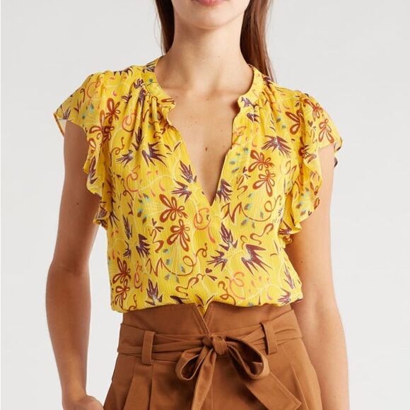 NWT A.L.C. Birds of Paradise 100% Silk Yellow Top Blouse Floral Size M - Picture 1 of 10